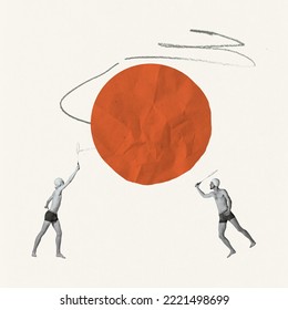Contemporary art collage. Creative design. Two young men in swimming cap playing beach badminton. Summer holiday. Concept of summer, mood, creativity, imagiation, party, fun. Copy space for ad, poster - Shutterstock ID 2221498699