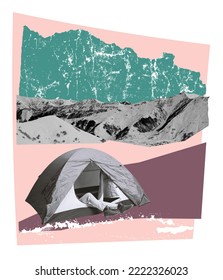 Contemporary art collage. Creative design in retro style. WInter camping in tent. Mountains in snow, Concept of creativity, surrealism, imagination, futuristic landscape. Poster