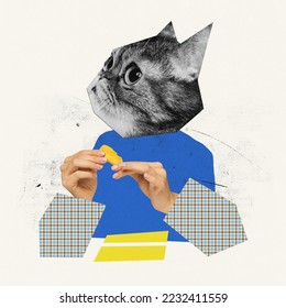 Contemporary art collage. Creative design. Cat's head with female hands making figures out of plasticine. Concept of surrealism, hobby, creativity, animal theme. Copy space for ad, text - Shutterstock ID 2232411559