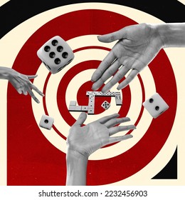 Contemporary art collage. Creative design. People playing domino together. Good luck for winner. Concept of game, hobby, leisure time, intellectual game strategy, creativity, business - Shutterstock ID 2232456903
