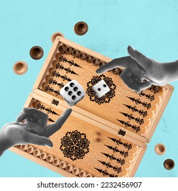 Contemporary art collage. Creative design. Popular game of backgammon. Online gambling games. Throwing dice. Concept of game, hobby, leisure time, intellectual game strategy, creativity