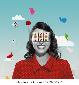 Contemporary art collage. Creative design. Cheerful smiling woman playing casino game and winning. Matching pictures. Concept of game, hobby, leisure time, intellectual game strategy, creativity - Shutterstock ID 2232456911