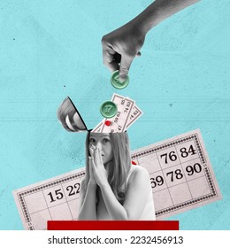 Contemporary art collage. Creative design. Young emotive woman playing lotto, bingo. Online gaming. Betting. Concept of game, hobby, leisure time, intellectual game strategy, creativity - Shutterstock ID 2232456913