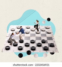 Contemporary art collage. Creative design. Young people playing checkers. Abstract logical game with strategy thinking. Concept of game, hobby, leisure time, intellectual game strategy, creativity - Shutterstock ID 2232456921