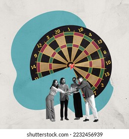 Contemporary art collage. Creative design. Group of young people playing he dart game. Aiming at the target. Concept of game, hobby, leisure time, intellectual game strategy, creativity - Shutterstock ID 2232456939