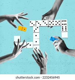 Contemporary art collage. Creative design. Human hands playing domino, making figure to win. Gaming, betting. Concept of game, hobby, leisure time, intellectual game strategy, creativity - Shutterstock ID 2232456945