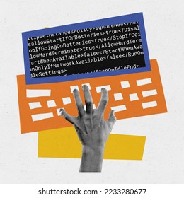 Contemporary art collage. Creative design. Male hand fast typing on keyboard, developing code, securing information. Concept of IT, business, data science, coding, occupation, modern technologies - Shutterstock ID 2233280677
