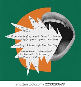 Contemporary art collage. Creative design. Female mouth shouting coding information. Data science training courses. Concept of IT, business, data science, coding, occupation, modern technologies