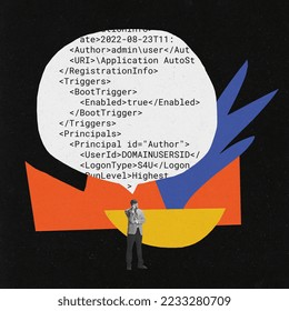 Contemporary art collage. Creative design. Serious man, programmer thinking, visualizing code information. Concept of IT, business, data science, coding, occupation and modern technologies