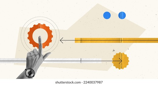 Contemporary art collage. Creative design. Working process. Male hand with gear symbolizing professional strategy. Concept of business, success, growth, teamwork, career development. Copy space for ad