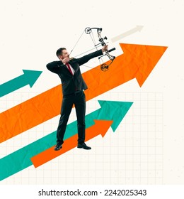 Contemporary art collage. Creative design. Businessman aiming arrow on professional target. Working on innovations and strategy. Concept of business, career development, success, growth