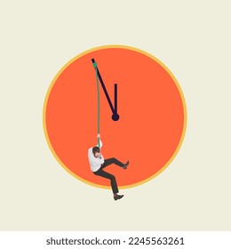 Contemporary art collage. Creative design. Time management illustration. Businessman hanging on clock. Deadlines, tasks. Concept of career development, business, motivation, planning system