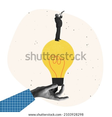 Contemporary art collage. Creative design. Businessman standing on lightbulb and looking in telescope.Future prediction. Concept of business, career growth, motivation, planning, ideas, ad