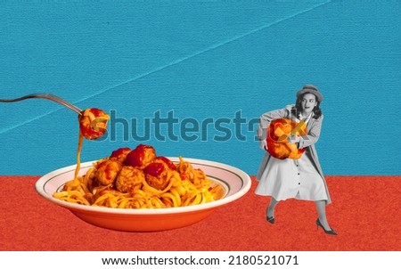 Contemporary art collage. Creative design. Funny image of young woman stealing meatball from delicious pasta dish. Concept of surrealism, creativity, pop art, food, retro style. Copy space for ad