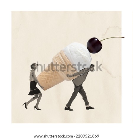 Contemporary art collage. Creative design with young man and woman carrying giant ice cream. Sweet date . Vintage style. Concept of food, style, artwork, creaitivity. Copy space for ad
