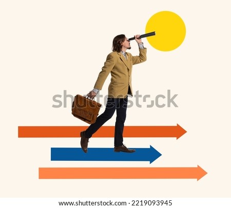 Contemporary art collage. Creative design. Businessman looking in spyglass symbolizing modern vision of company projects. Concept of business, motivation, success, career development, growth