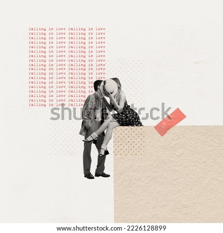 Contemporary art collage. Creative design in retro style. Lovely young couple, man and woman kissing behind straw hat. Concept of relationship, Valentine's Day, love, feelings. Copy space for ad