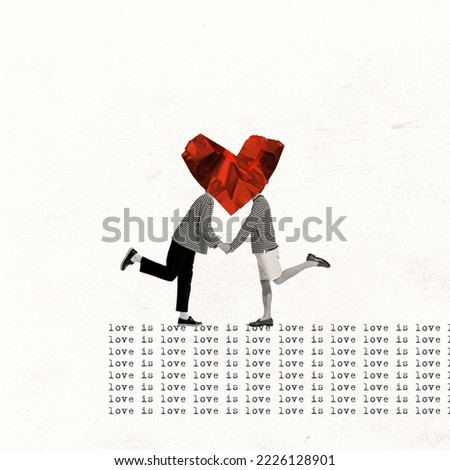 Photo of Contemporary art collage. Creative design in retro style. Two men kissing behind heart shape. Equal love. LGBT. Concept of relationship, Valentine's Day, love, freedom, feelings. Copy space for ad