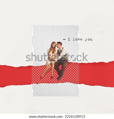 Contemporary art collage. Creative design in retro style. Lovely couple sitting together, man saying I love you. Concept of relationship, Valentine's Day, love, feelings, emotions. Copy space for ad