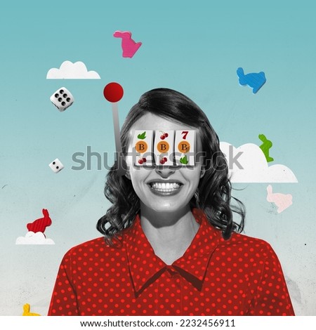 Contemporary art collage. Creative design. Cheerful smiling woman playing casino game and winning. Matching pictures. Concept of game, hobby, leisure time, intellectual game strategy, creativity