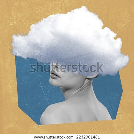 Contemporary art collage. Creative design. Young woman having head in the clouds. Personal thoughts. Psychology. Concept of inner world, dreams, feelings, surrealism, think. Abstract art