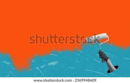 Contemporary art collage. Creative design. Young male decorator drawing with a roller on the wall. Concept of occupation, profession, art, creativity