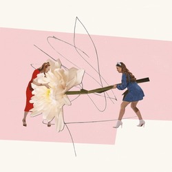 Contemporary Art Collage. Creative Funny Design With Two Stylish Woman Fighting With Flower. Retro Design. Concept Of Vintage, Old-fashion , Friendship, Creativity. Copy Space For Ad