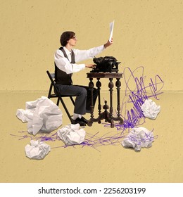 Contemporary art collage. Creative young man, writer making new story, writing novel on typewriter. Concept of inspiration, creativity, surrealism, business, imagination. Copy space for ad, poster