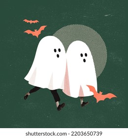 Contemporary art collage. Cute images of ghosts on human legs running isolated over green background. Orange bats. Concept of October holiday, Halloween, creative design, traditions. Copy space for ad