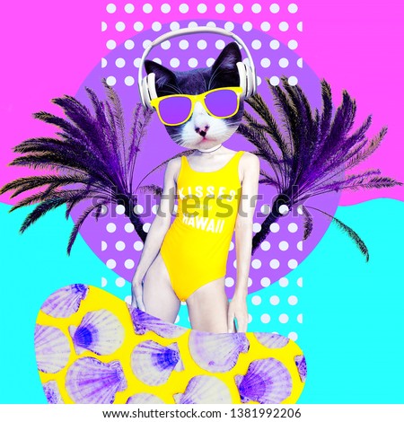 Contemporary art collage. Dancing Dj Kitty in beach palm dreams. Zine culture concept