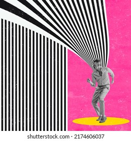 Contemporary Art Collage. Dancing Man With Optical Illusion Design As Background. Funny Dance In Retro Style, Artwork, Emotions. Music Lifestyle. Concept Of Art, Creativity, Fashion, Party, Fun