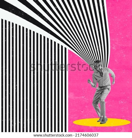 Contemporary art collage. Dancing man with optical illusion design as background. Funny dance in retro style, artwork, emotions. Music lifestyle. Concept of art, creativity, fashion, party, fun