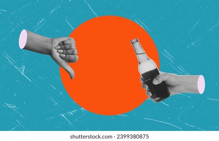 Contemporary art collage depicting a hand holding a bottle of beer, finger down. The concept of despising the use of alcohol.
