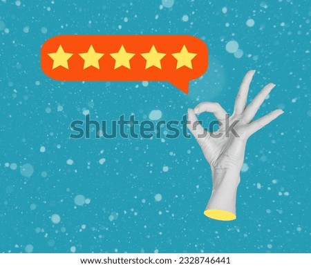 Contemporary art collage depicting a human hand showing a gesture of ok. A five-star performance. Giving the highest rating for service. Modern design. A place to copy.
