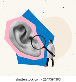 Contemporary art collage. Doctor, lore checking human ear. Professional occupation. Healtcare. Conceptual creative image for medical ad. Concept of medicine, aid, science, health, human life - Shutterstock ID 2147394393