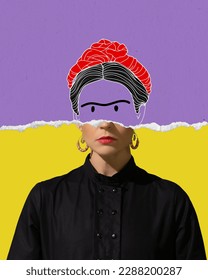 Contemporary art collage with doodles. Young woman in the image of a famous artist Frida Kahlo with half-faced drawings. Retro style, comparison of eras, fashionable characters, classic concept. - Shutterstock ID 2288200287