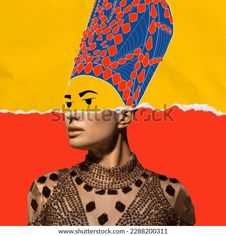 Contemporary art collage with doodles. Young woman in image of Nefertiti in art performance with drawn elements. Beautiful female model like famous queen of Egypt. Comparison of eras concept.