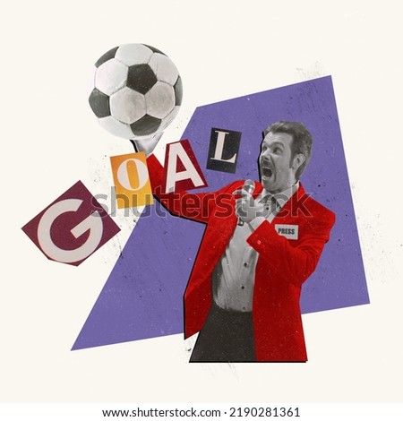 Contemporary art collage. Emotive young man, professional sport commentator, journalist with microphone broadcasting football match. Concept of job, profession, occupation, sport, creativity