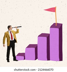 Contemporary art collage. Contemporary art collage. Employee, team leader looking in telescope at the rising graph symbolizing success. Concept of business, employment, promotion, cooperation, ad - Powered by Shutterstock