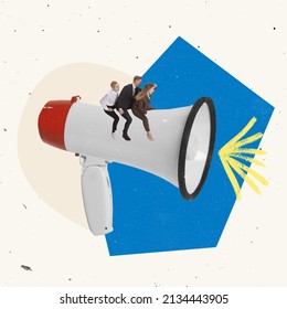 Contemporary art collage. Employees, office workers sitting on megaphone and shouting company information. Official business meeting. Concept of teamwork, cooperation, creativity, brainstorming - Powered by Shutterstock