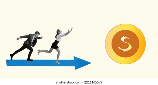 Contemporary Art Collage Of Employees Running On Arrow Symbol To Abstract Goal As Dollar Sign, Symbolizing New Professional Ideas. Concept Of Business, Teem, Motivation, Achievement, Teamwork And Ad