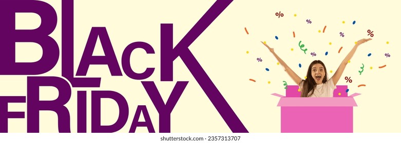 Contemporary art collage. Excited, surprising woman jump ut of pink box with festive confetti and percent sign. Concept of Black Friday, shopping, big sales, buying products. Banner. Flyer. Poster. - Powered by Shutterstock