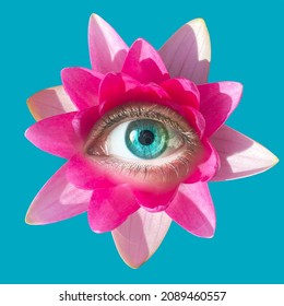 Contemporary art collage. Eyeball in flower. Modern conceptual art poster with a lotus with beautiful blue eye in a mas surrealism style. - Shutterstock ID 2089460557