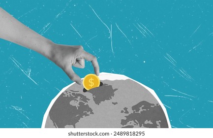 Contemporary art collage featuring hand with coin and globe. Concept of saving for the planet and saving on investments in the world - Powered by Shutterstock