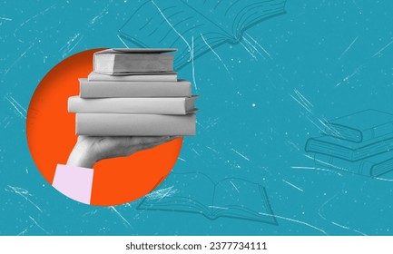 Contemporary art collage featuring a stack of books in hand. The concept of education and learning.