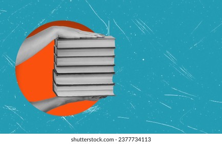 Contemporary art collage featuring a stack of books in hand. The concept of education and learning.