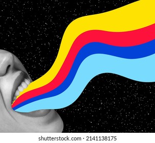 Contemporary Art Collage. Female Face With Rainbow Pouring From Mouth Isolated Over Black Background. LGBTQIA Support. Concept Of Human Right, Love, Inspiration, Creativity, Ad