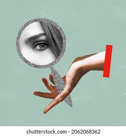 Contemporary Art Collage Of Female Hand Holding Mirror With Woman Eye Reflection Isolated Over Mint Background. Beauty. Concept Of Art, Creativity, Imagination. Copy Space For Ad