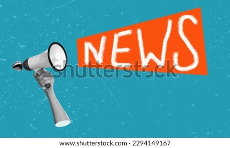 Contemporary art collage. Female hand holding megaphone with news lettering isolated over blue background. Concept of creativity, mass media influence, information, news. Copy space for ad