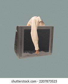 Contemporary Art Collage. Female Headless Silhouette Lying On Retro TV Set. News And Information Channels. Concept Of Surreal Art, Abstract Design, Creativity, Retro Style. Copy Space For Ad, Poster